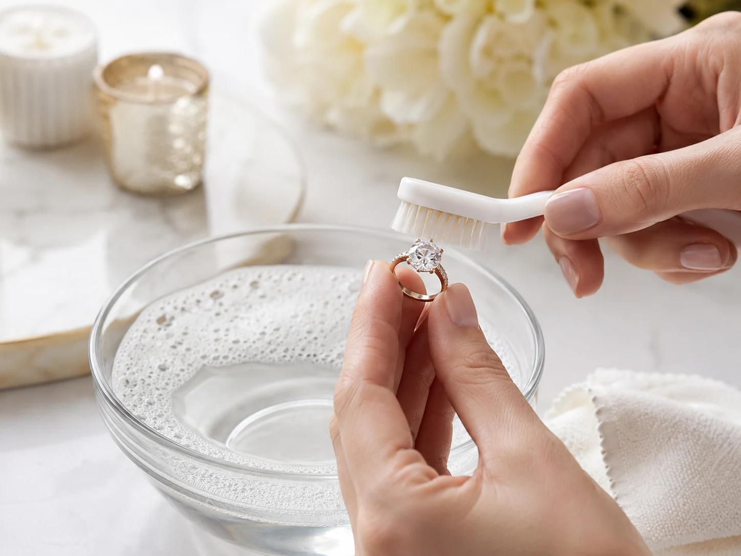 Gentle at-home care: a soft brush, warm water, mild soap, and a clean cloth are usually enough to restore moissanite’s brightness without harsh chemicals or abrasive tools. Hands gently cleaning a moissanite ring with a soft brush beside warm soapy water and a microfiber cloth.
