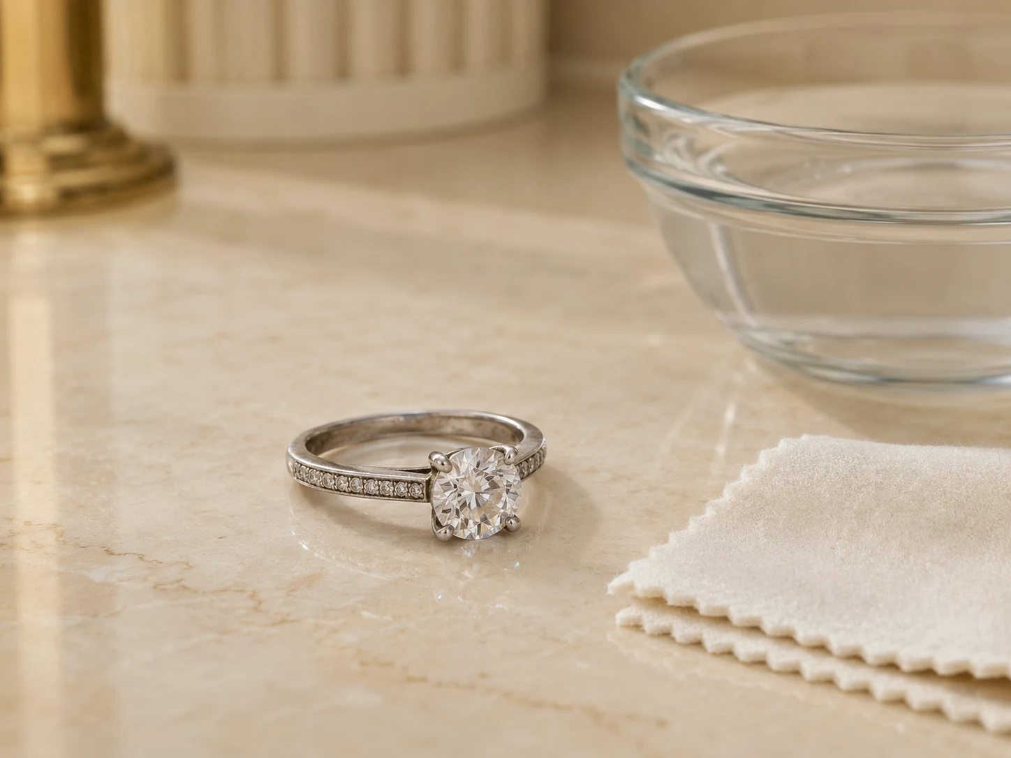 Moissanite ring placed beside a microfiber cloth and bowl of water to illustrate temporary residue and routine jewelry care.