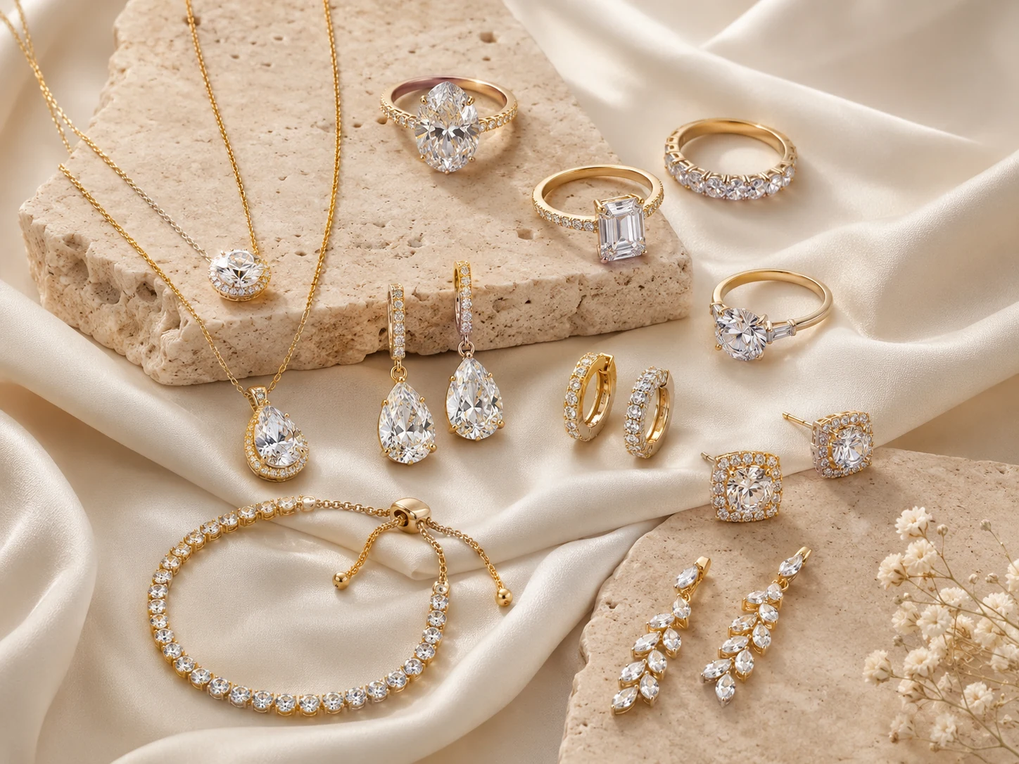 Warm-tone Aestra moissanite collection with rings, necklaces, earrings, and bracelet styling on ivory silk