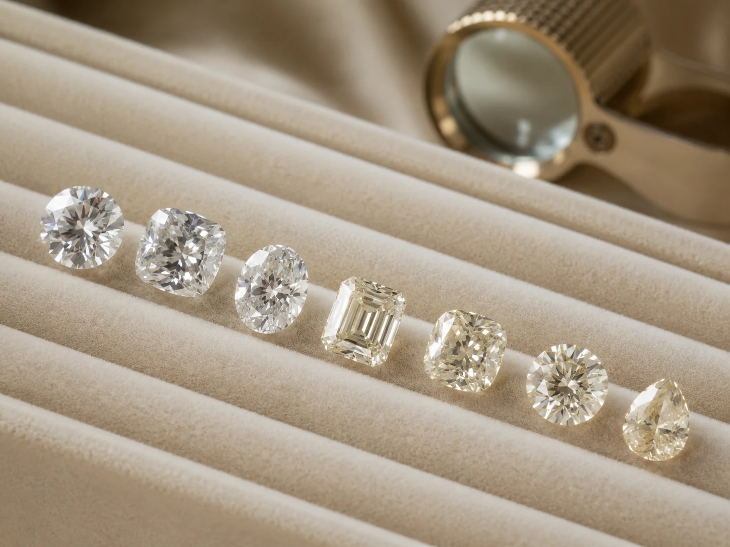 Stones are arranged from icy white on the left to warmer tones on the right, showing how color impression can shift by cut, lighting, and setting choice. Moissanite stones arranged from icy white to warmer tones on a cream velvet gem tray with jeweler loupe in the background.