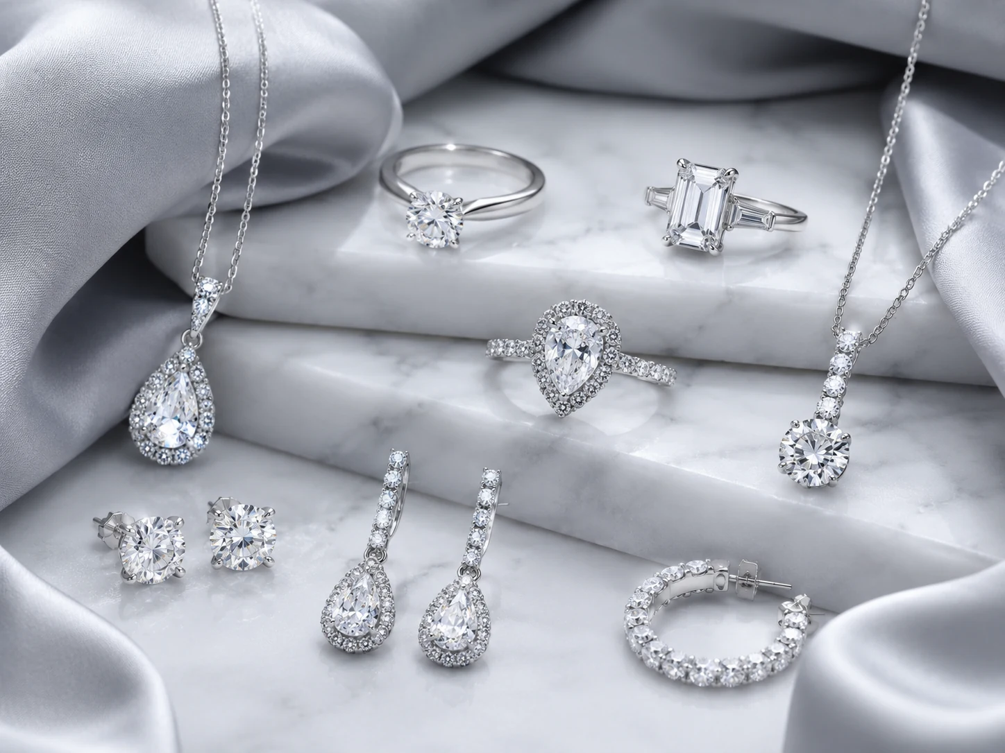 Cool-tone silver moissanite collection with rings, necklaces, studs, drops, and hoops on white marble and gray silk