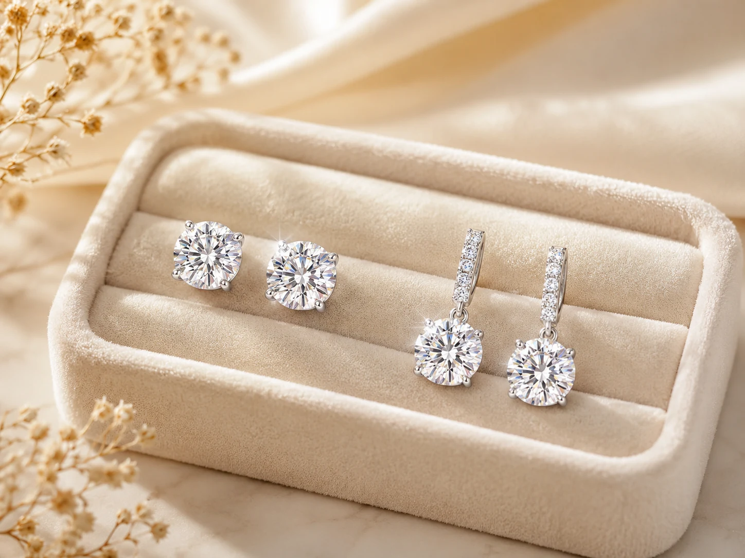 Moissanite stud earrings and drop earrings displayed on a cream velvet tray for everyday and occasion styling.