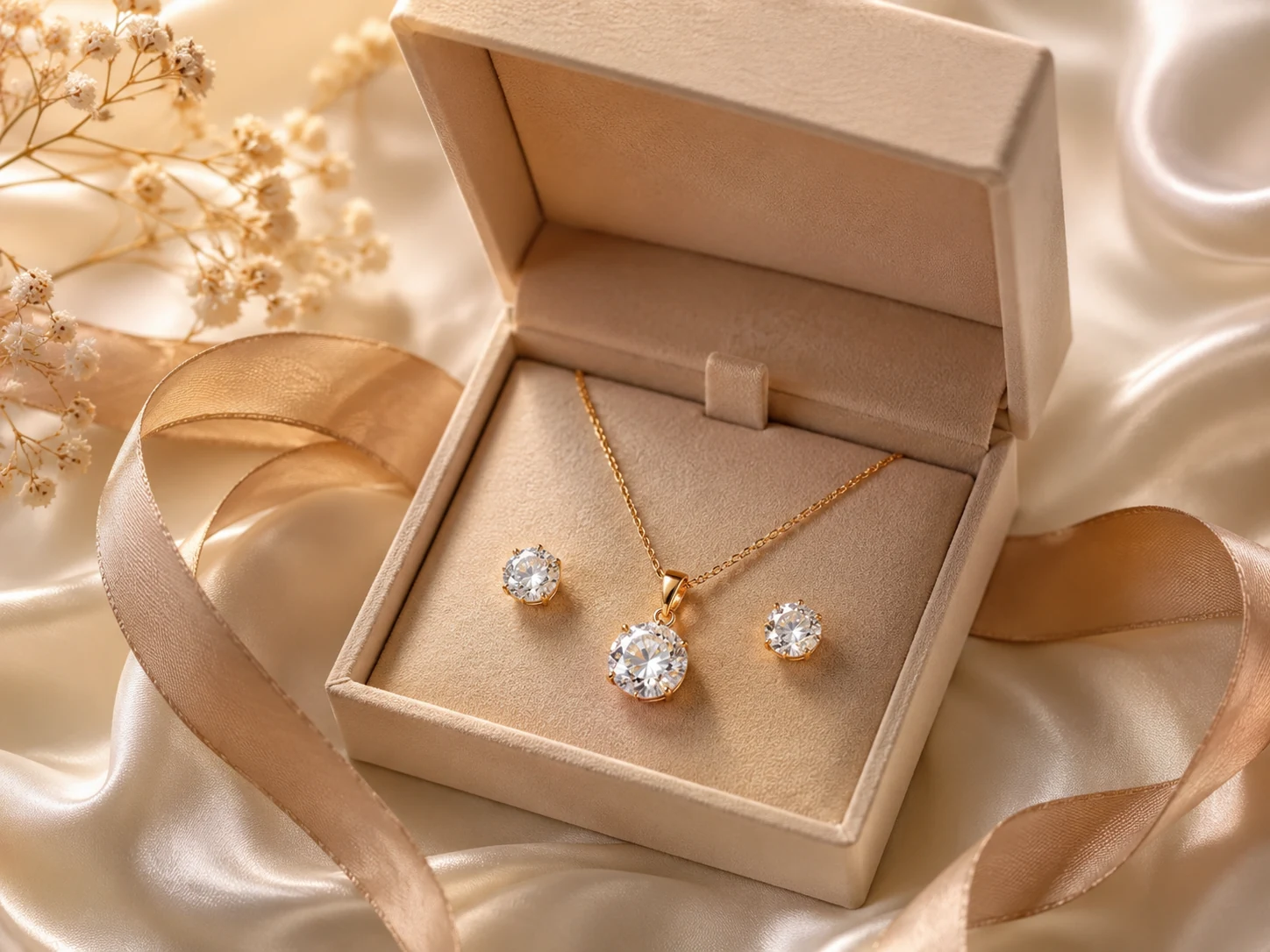 Gift box with moissanite pendant necklace and matching stud earrings on ivory silk with ribbon.