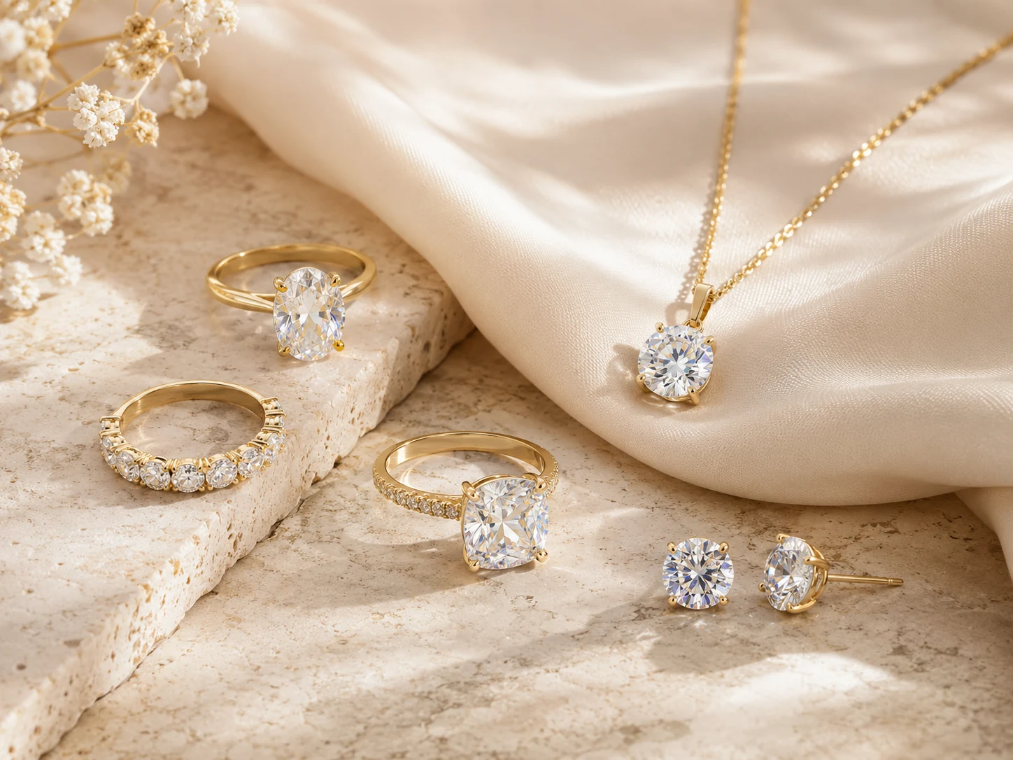 A curated Aestra moissanite jewelry collection with rings, pendant necklace, and stud earrings styled on ivory silk and warm stone.