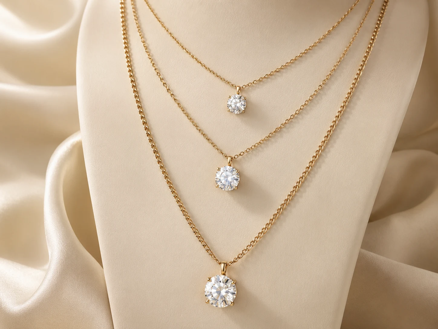 Layered moissanite pendant necklaces in different lengths on a warm ivory display bust.
