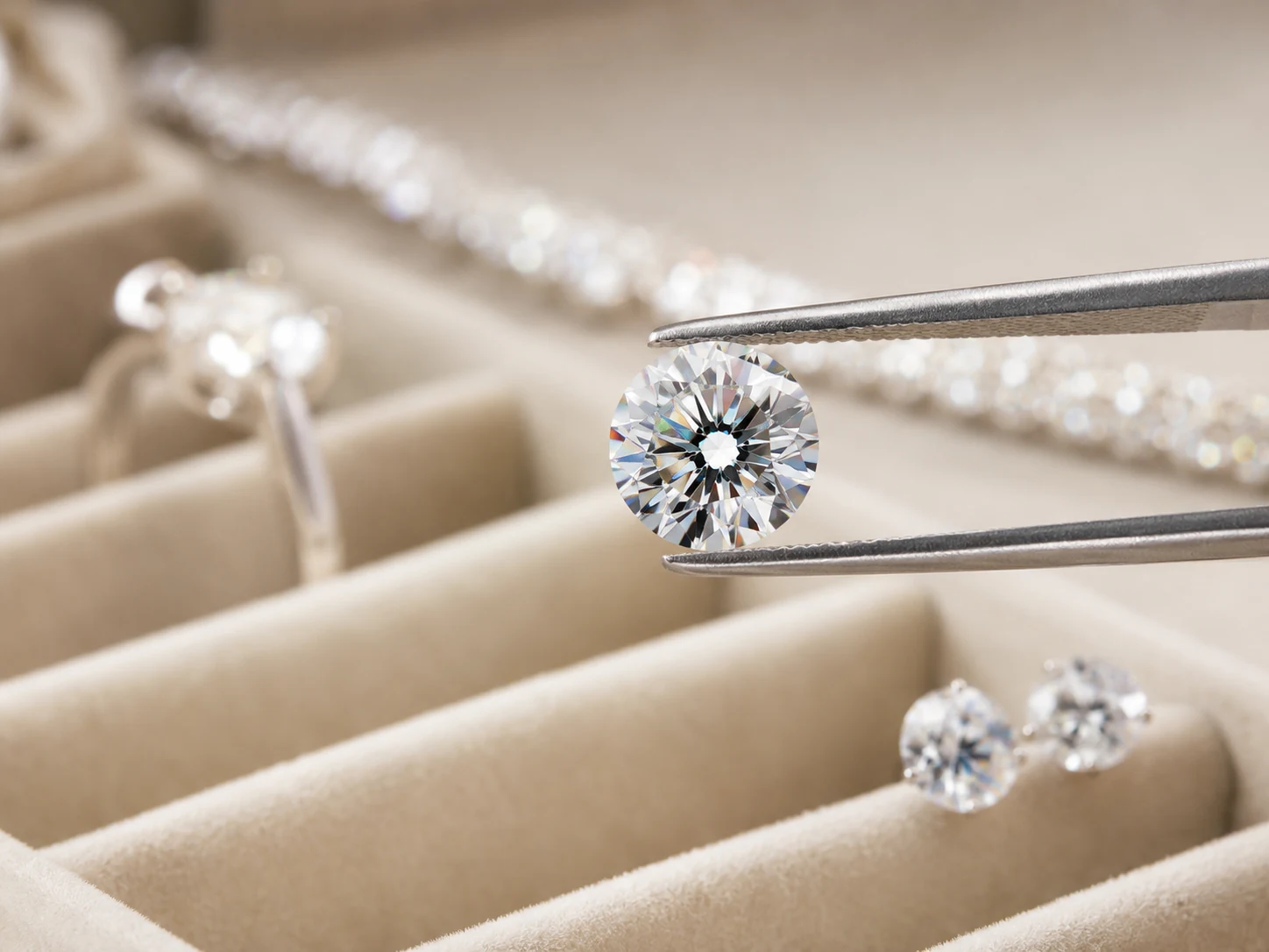 Loose moissanite gemstone held in jeweler tweezers above a cream jewelry tray with finished pieces in the background.