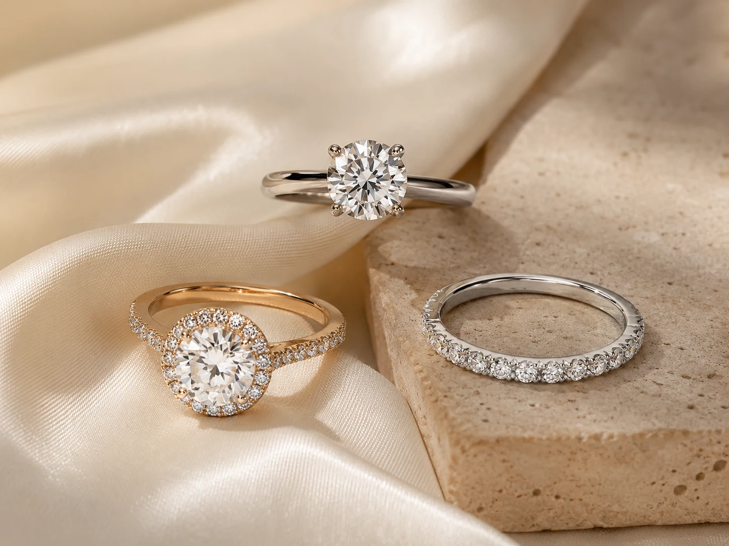 Three moissanite ring styles including solitaire, halo, and eternity band arranged on ivory satin and warm stone.