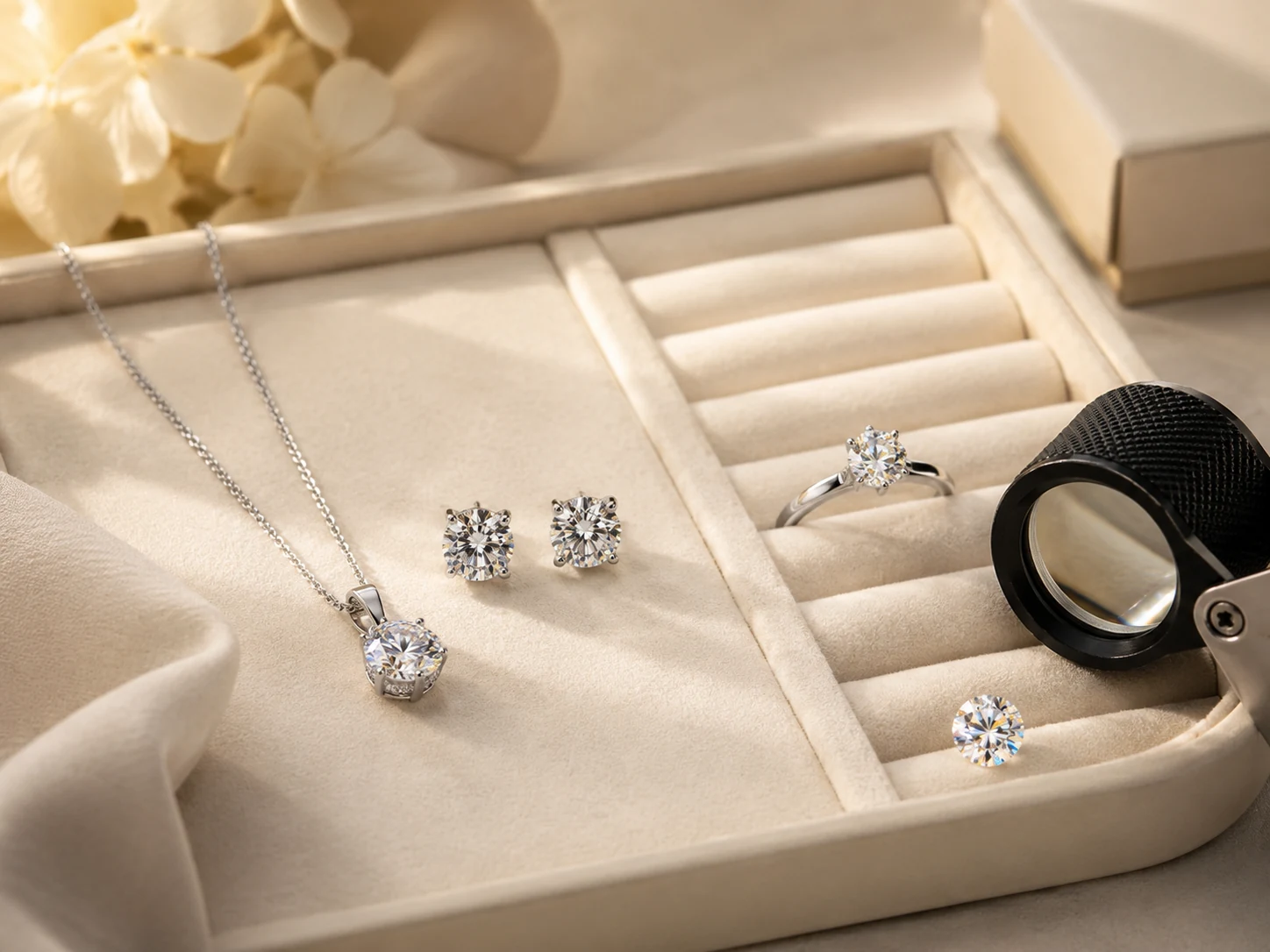 Moissanite jewelry arranged on an inspection tray beside a jeweler loupe to represent quality control and buyer trust.
