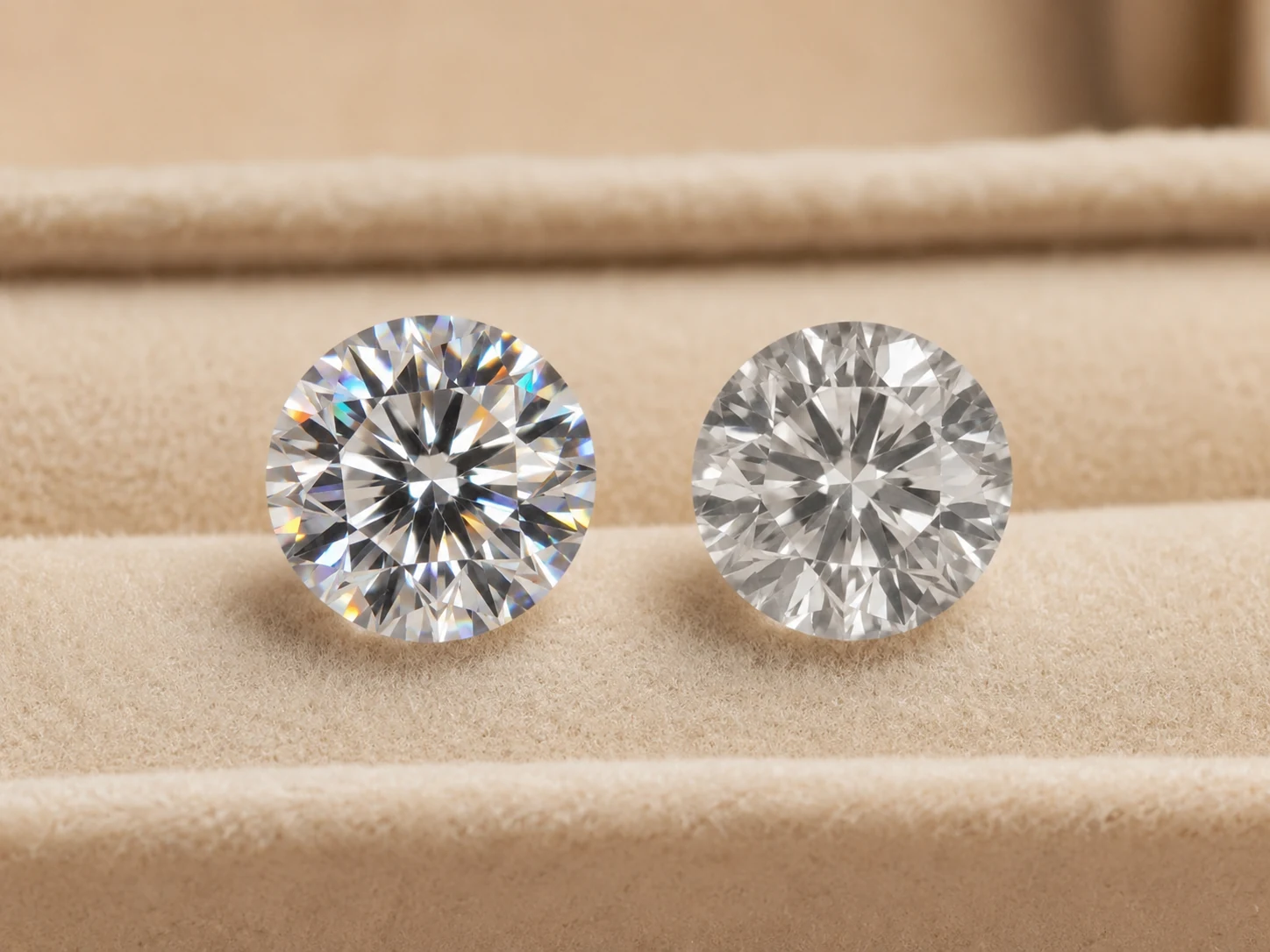 Moissanite and cubic zirconia comparison on a cream velvet tray, with the sharper moissanite on the left and softer fashion stone on the right.