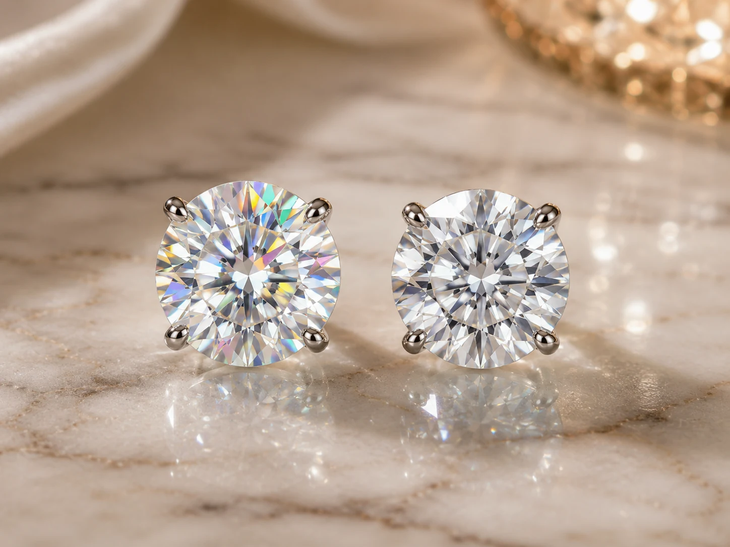 Side-by-side comparison of moissanite and diamond-style brilliance on a marble surface, with moissanite on the left and diamond on the right.