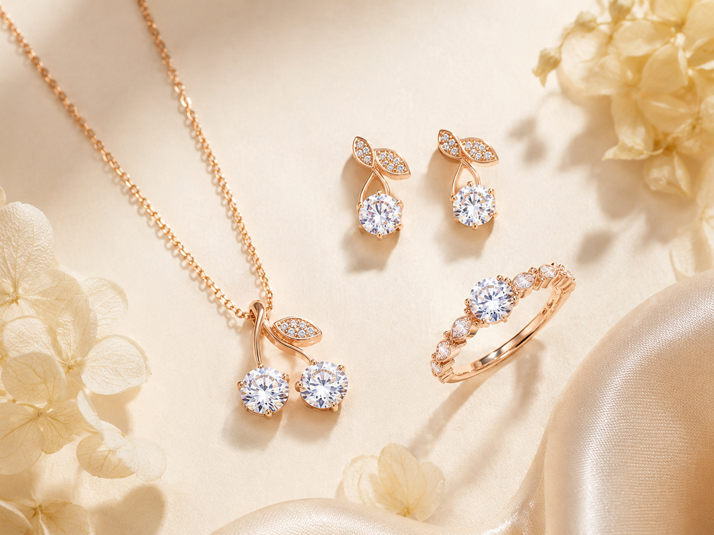 Aestra-style moissanite necklace earrings and ring on a soft cream background
