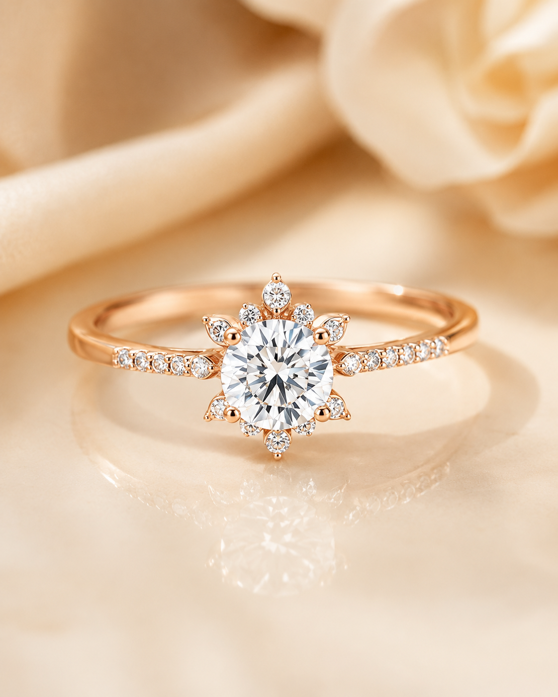 Aestra-style rose gold moissanite ring with brilliant sparkle on a warm cream background