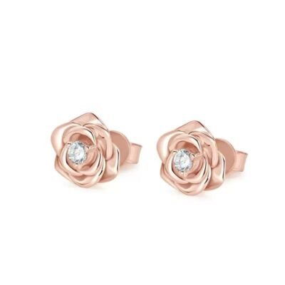 Grace Rose Studs from Aestra feature a sculpted rose silhouette crafted in 925 silver coated with rose gold, centered with a round brilliant moissanite. Designed with refined detailing and a polished finish, these earrings offer a clean, modern profile suited to everyday fine jewelry.